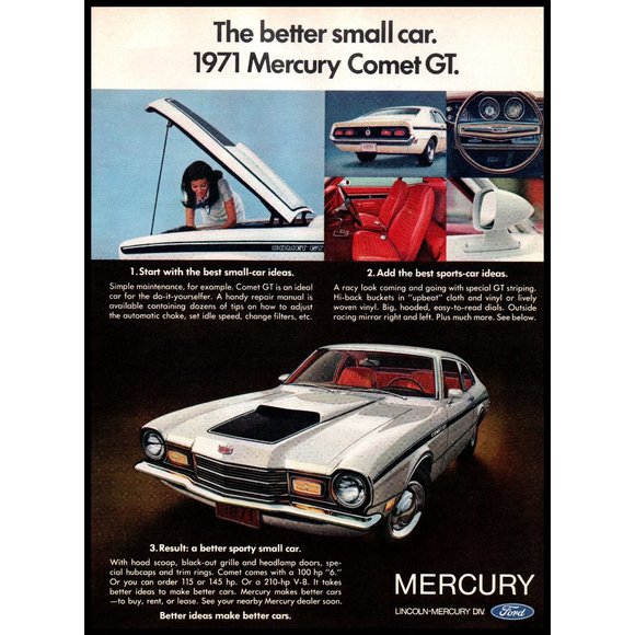 1971 Mercury Comet GT Coupe Vintage Print Ad Sports Car Woman Under Hood Photo - Picture 1 of 1